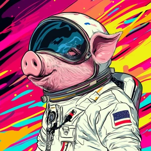 Cute cartoon pig in vintage white spacesuit and NASA style helme...