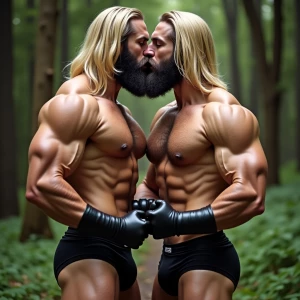 Create an image of two muscular male bodybuilders with long blon...