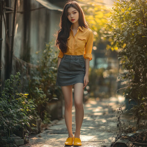 Capture the elegance of a fair-skinned woman with dark long hair...