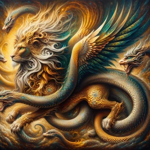 A fantastical chimera composed of shimmering gold and earthy hue...