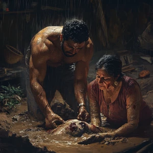 realism art style.A sweaty beefy muscular man burying dead body...