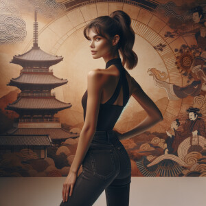 Athletic Thin skinny Attractive, Asian teenage girl, long brown hair and bangs, wearing tight skinny jeans and a halter top paint marks on her clothing, heroic pose Asian graffiti background, backside view