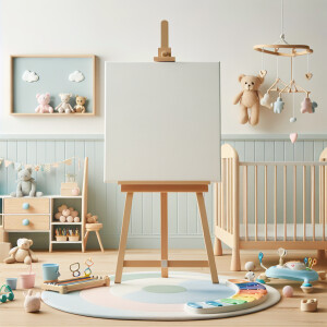 Create a tranquil nursery mockup room using a palette of soft, v...