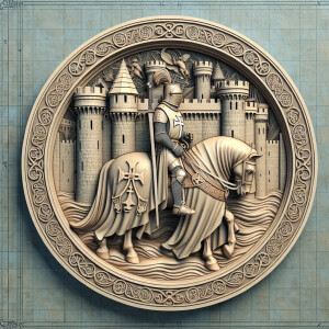 3d bas relief of a knight templar on a horse in front of a castl...