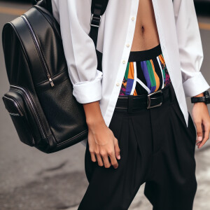 A person is wearing a white shirt, black pants, and has a black...