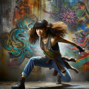 teenage girl, long brown hair and bangs, wearing tight skinny jeans and a halter top paint marks on her clothing, heroic pose Asian graffiti background, nearing on one knee