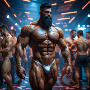 A hyper-realistic depiction of a muscular, mature bodybuilder ma...