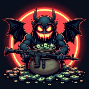 Design a cartoon-style circular logo featuring a cheeky demon we...