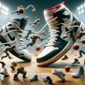 Anthropomorphic air jordan shoes playing basketball