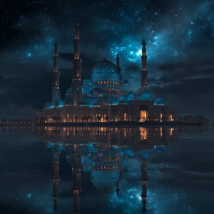 Generate an image of a grand mosque with glowing blue domes unde...