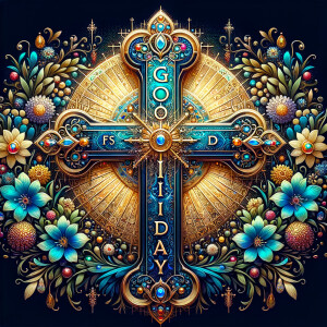 Create an image of a majestic cross, larger in size, with a harm...