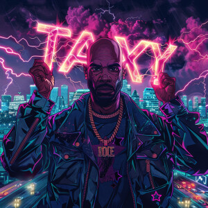 Create a futuristic album cover featuring a bald African America...