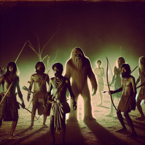 Several humanoid looking sasquatch surrounded by Indian men with...