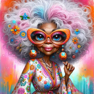 A whimsical airbrushed oil digital illustration of a sassy elder...