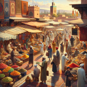 A vibrant market scene from Marrakech, Morocco