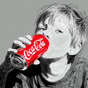 A digital painting depicting a boy drinking from a red "Coca-Col...