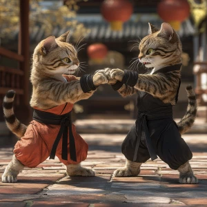 Two muscular cats engaged in a Kung Fu duel, each adorned with a...