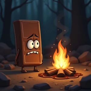 An anxious-looking cartoon chocolate bar character with googly e...