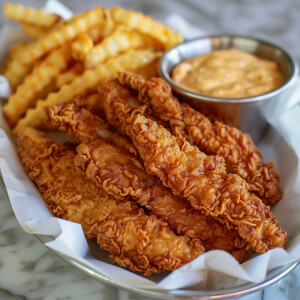 Generate an image of six pieces of crispy fried chicken tenders...