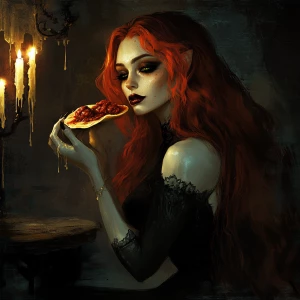 In a dimly lit, candle-filled chamber, a captivating female vamp...