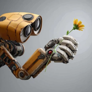 Wall-E robot's hand (arm) touches a flower with a green stem and...