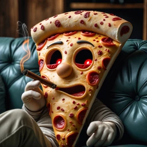 An anthropomorphic pizza slice character with red veins in half-...