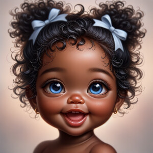 "Create a digital portrait of an adorable african-American baby girl with a joyful expression. Her big, bright blue eyes are wide with wonder, and her tiny mouth is shaped in a happy grin. Her skin has a warm, honey-brown tone, and she has an abundance of curly black hair, playfully tied up with light blue bows. The background is soft and neutral to keep the focus on her delightful features. The portrait should be vibrant and heartwarming, celebrating the innocence and charm of childhood."