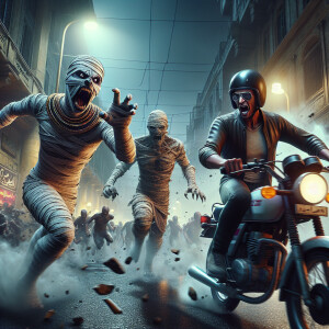 Hyper-realistic image, wide angle, Anubis and a mummy, with angr...