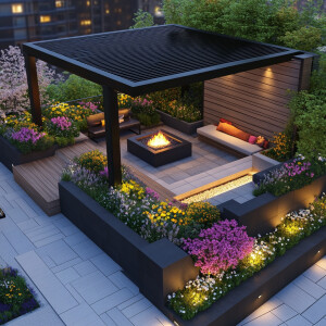 Create a blueprint for a contemporary rooftop garden that includ...
