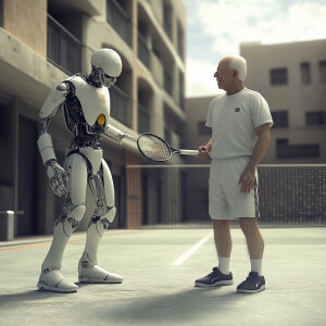 A robot playing tennis with an elderly man in 2060