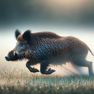 Professional photography of a wild boar running across a wet  co...