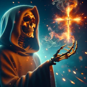 A close-up, cinematic painting of a skeleton wearing a hooded ro...