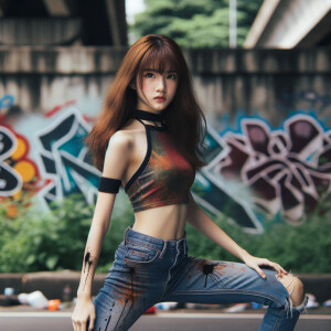 teenage girl, long brown hair and bangs, wearing tight skinny jeans and a halter top paint marks on her clothing, heroic pose Asian graffiti background, nearing on one knee