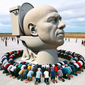 100 men kneeling before a giant statue of a toilet with a man’s...