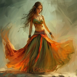 Illustrate a vibrant young elven woman dressed in a graceful ens...