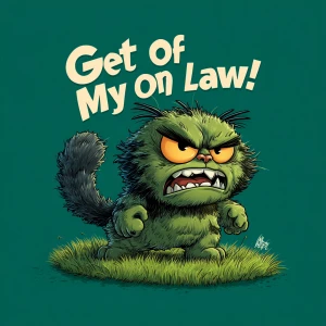 A grumpy cartoon-style cat standing on a lawn, fur fluffed up, o...