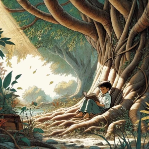 A young boy sitting under a giant tree, reading a book while sun...