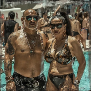 Photo paint,a muscular beefy criminal man walking with his sweat...