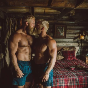 Two muscular bodybuilders men with blonde beards, dressed in blu...