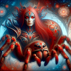 Arachne, red head, red eyes, armor, full body, half spider, half...
