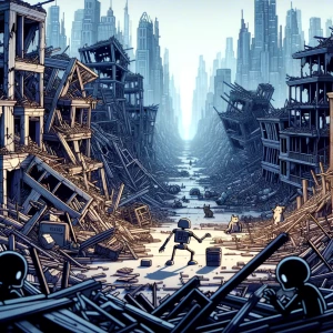 A vast, abandoned cityscape. Crumbling buildings fill the enviro...