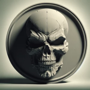 Evil skull, grayscale 3d bas relief, flat lighting, simple round...