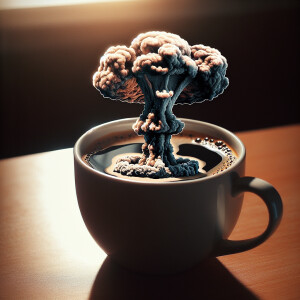 A cup of coffee, a nuclear explosion rising from within the cup