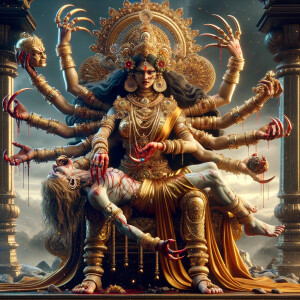 portrait of angry looking, four-armed indian goddess sitting on...