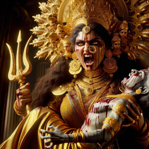 portrait of angry looking goddess durga slaying a weak mahishasur by carrying him in her arms and stabbing him with her amazingly designed trident. She is wearing gold armor, a huge gold crown, gold saree, abundant  gold jewelry, covered in blood. The scene is set in ancient India. The image is 8K resolution, cinematic, ultra detailed face and epic.