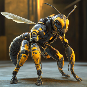 Create a stunningly detailed 3D image of an anthropomorphic wasp...