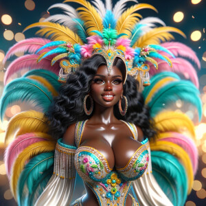 Create a 3-D  vivid full-body view of a colorful glossy hyper-realistic oil painting of a detailed illustration full length photo single image of a beautiful African-American caramel skinned woman plus sized, with long, black, wavy hair, her make up is airbrushed and flawless, she is dressed in a white, teal and yellow large, elaborate, elegant, very detailed carnival costume with colorful African-American pink, blue, gold yellow green feathers, flawless makeup, prominent lashes, black peep toe heels, white pixie hair, background bokeh, she is stunning and smiling, digital art.