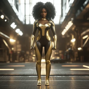 Capture a wide camera angle of a superheroine standing in an emp...