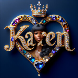Craft a 3-D image showcasing the name 'KAREN' in a luxurious gol...