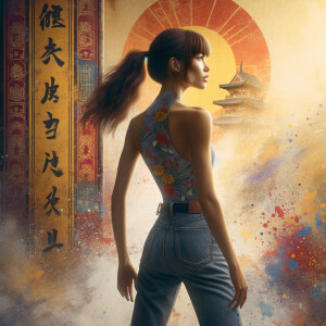 Athletic Thin skinny Attractive, Asian teenage girl, long brown hair and bangs, wearing tight skinny jeans and a halter top paint marks on her clothing, heroic pose Asian graffiti background, backside view